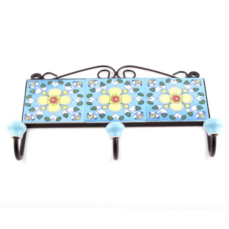 Turquoise And White Tiny Flower Tiles Hooks